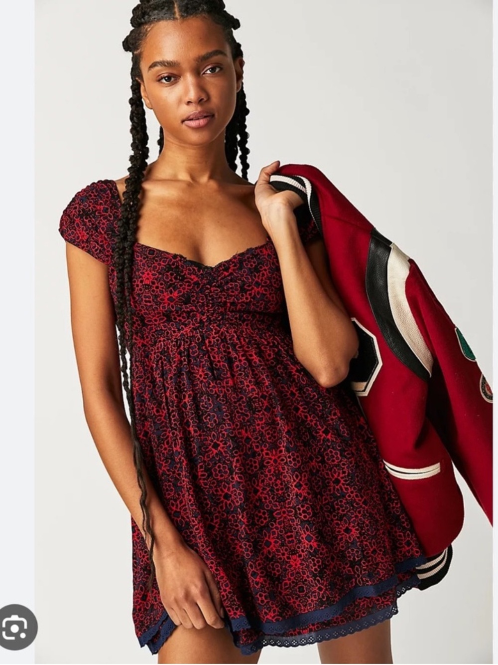 Free People Red and Navy Floral Empire Mini Dress